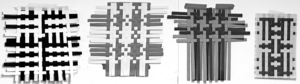 four paper weavings in tabby style taped to the studio wall photo desaturated